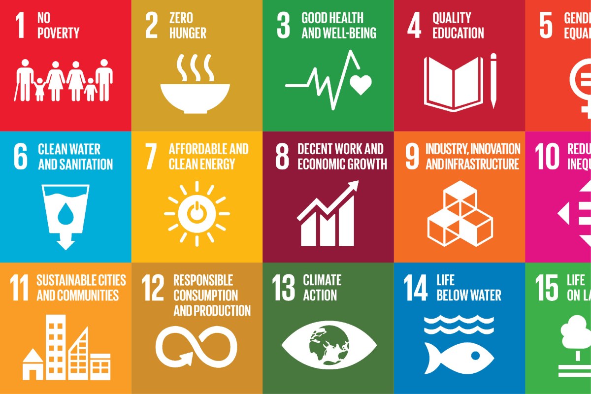 A colourful grid of UN Sustainable Development Goals, each represented by a numbered icon with text, covering topics like poverty and climate.